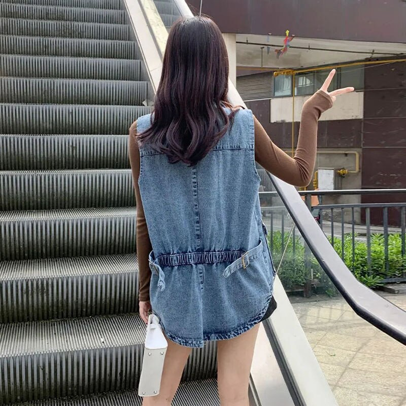 Šiks, elastīgas vērtnes Sieviešu džinsa veste, brīva, liela kabata, liela izmēra zila bezpiedurkņu jaka Jean Veste Sans Manche Femme