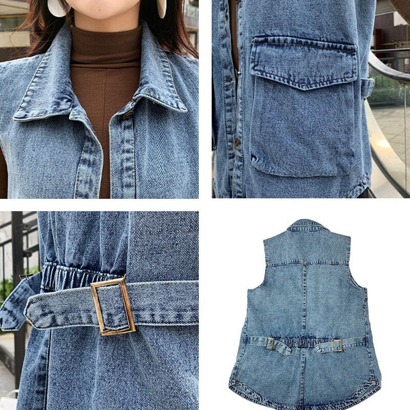 Šiks, elastīgas vērtnes Sieviešu džinsa veste, brīva, liela kabata, liela izmēra zila bezpiedurkņu jaka Jean Veste Sans Manche Femme