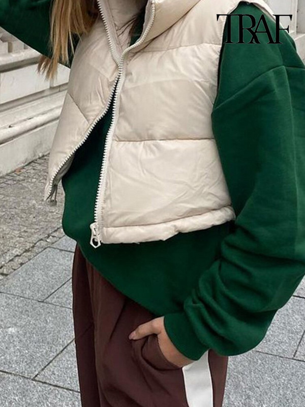 TRAF Γυναικεία μόδα με φερμουάρ γιλέκο με επένδυση Vintage με ψηλό λαιμό, αμάνικα γυναικεία πανωφόρια κομψά φανελάκια