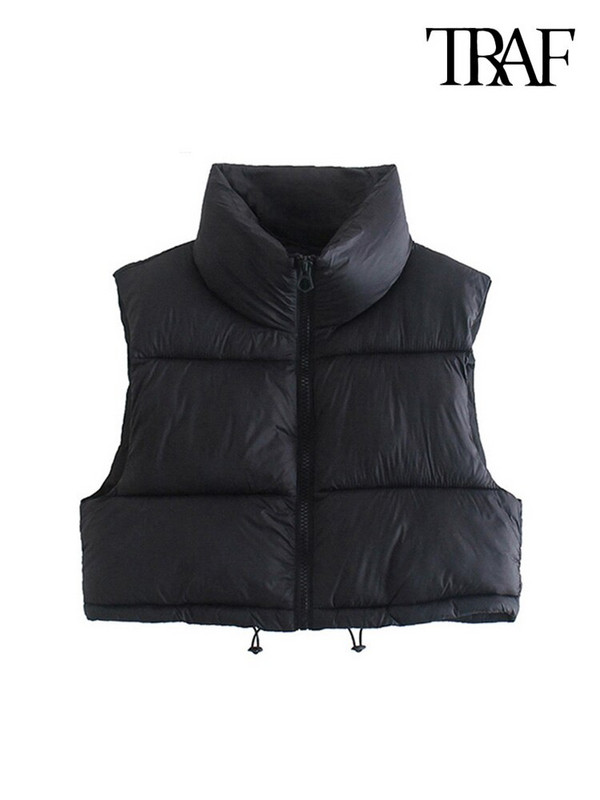 TRAF Γυναικεία μόδα με φερμουάρ γιλέκο με επένδυση Vintage με ψηλό λαιμό, αμάνικα γυναικεία πανωφόρια κομψά φανελάκια