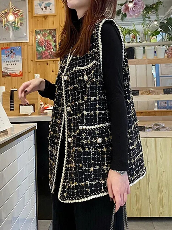 Sungtin vintage prsluk od tvida za žene crne jakne bez rukava s V-izrezom na jedno kopčanje jesen zima korejski uredski ženski prsluk