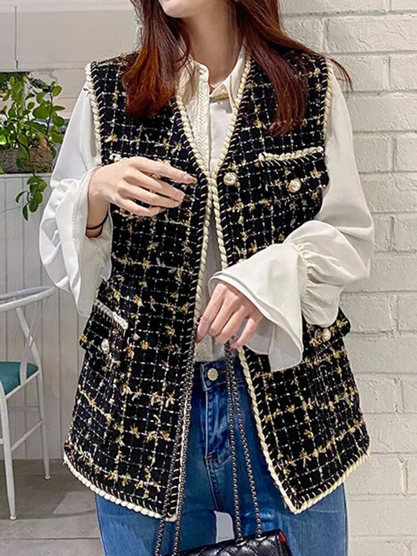 Sungtin vintage prsluk od tvida za žene crne jakne bez rukava s V-izrezom na jedno kopčanje jesen zima korejski uredski ženski prsluk