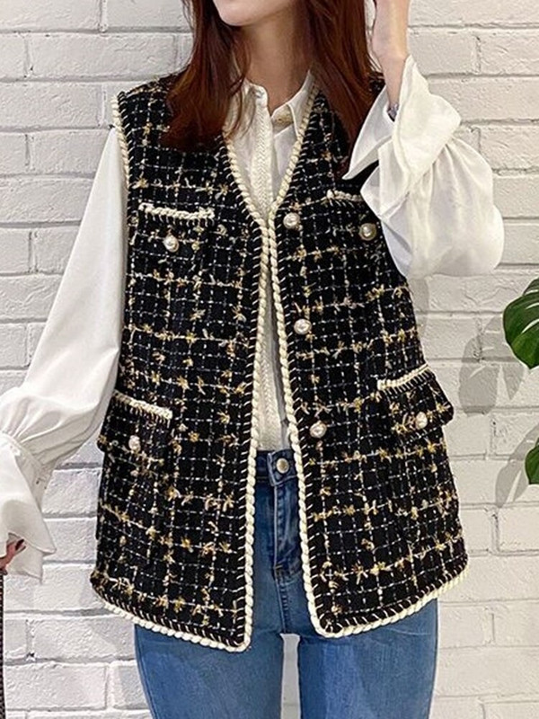 Sungtin vintage prsluk od tvida za žene crne jakne bez rukava s V-izrezom na jedno kopčanje jesen zima korejski uredski ženski prsluk