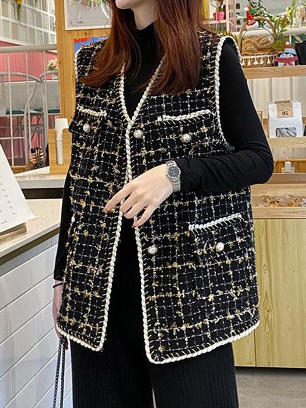 Sungtin vintage prsluk od tvida za žene crne jakne bez rukava s V-izrezom na jedno kopčanje jesen zima korejski uredski ženski prsluk
