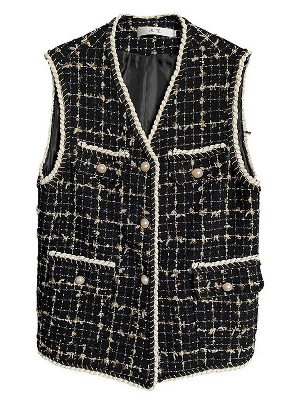 Sungtin vintage prsluk od tvida za žene crne jakne bez rukava s V-izrezom na jedno kopčanje jesen zima korejski uredski ženski prsluk