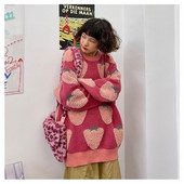 Strawberry Flocking džemperis Sieviešu japāņu saldais zemeņu elementu brīvs džemperis rudens un ziemas mīksts vaska krāsas pulovera džemperis