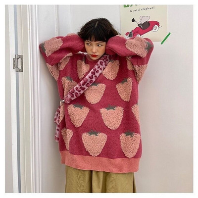 Strawberry Flocking džemperis Sieviešu japāņu saldais zemeņu elementu brīvs džemperis rudens un ziemas mīksts vaska krāsas pulovera džemperis