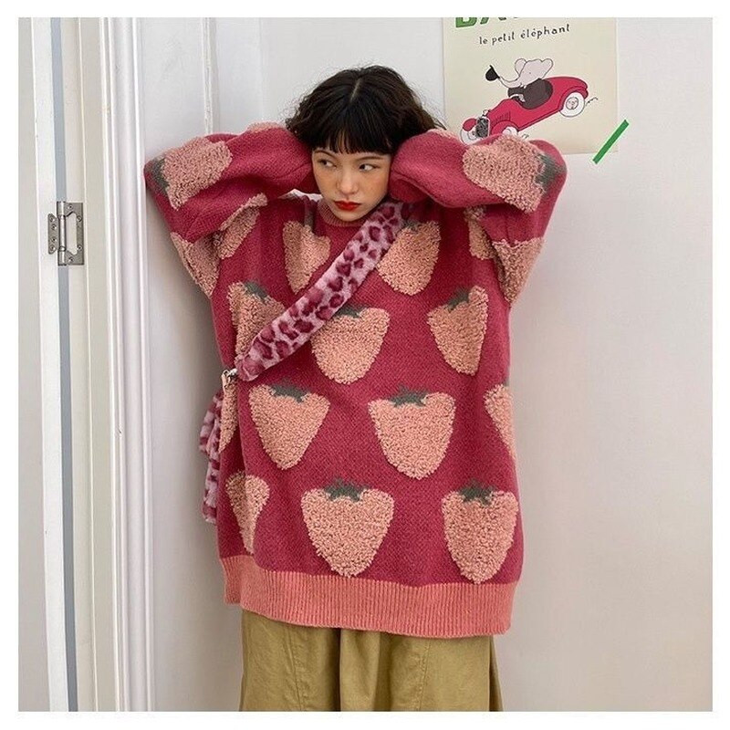 Strawberry Flocking džemperis Sieviešu japāņu saldais zemeņu elementu brīvs džemperis rudens un ziemas mīksts vaska krāsas pulovera džemperis