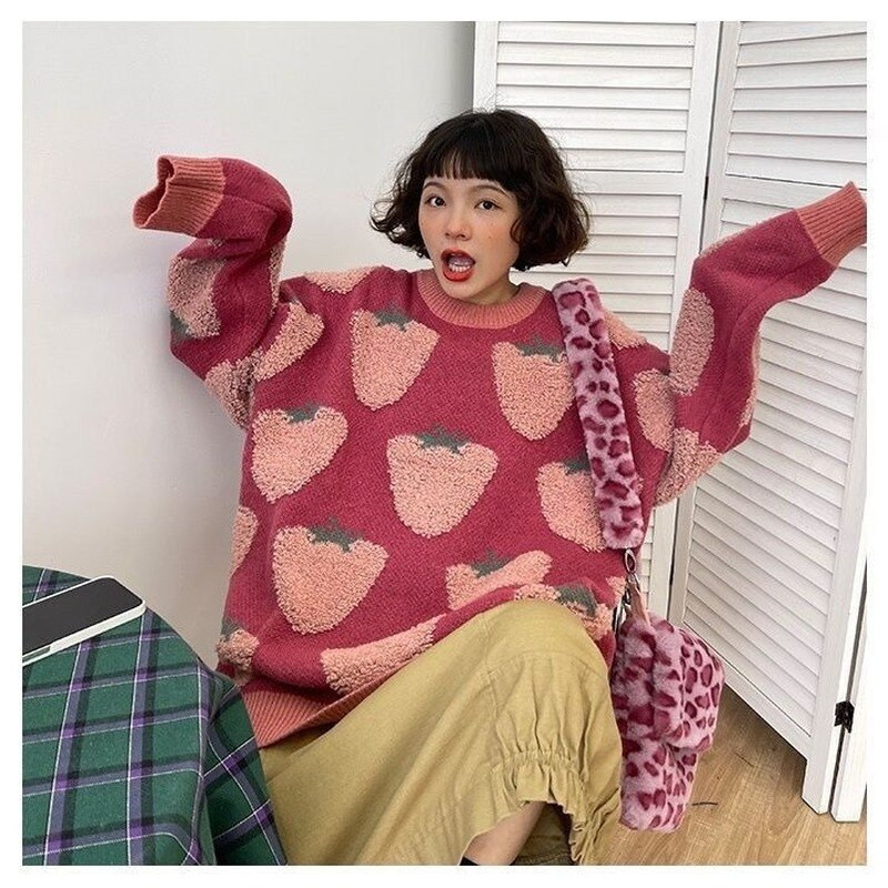 Strawberry Flocking džemperis Sieviešu japāņu saldais zemeņu elementu brīvs džemperis rudens un ziemas mīksts vaska krāsas pulovera džemperis