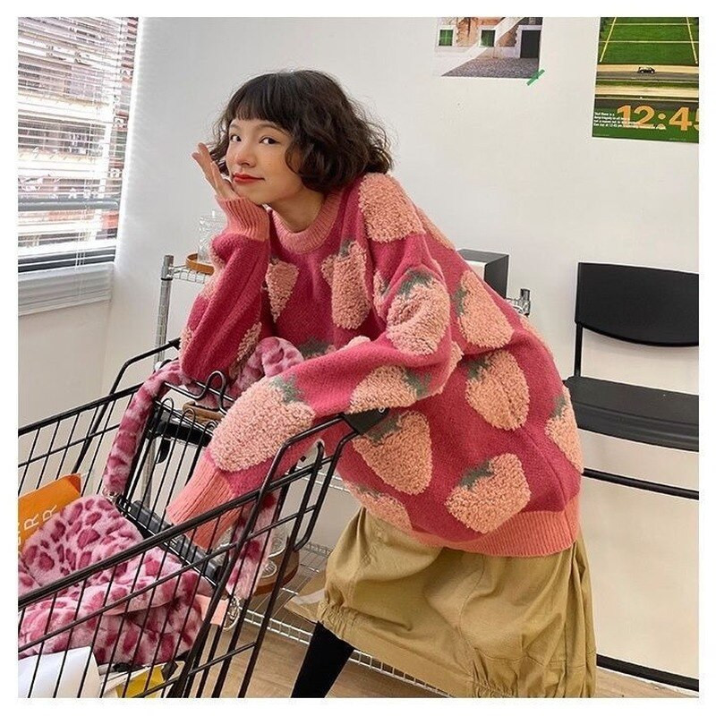 Strawberry Flocking džemperis Sieviešu japāņu saldais zemeņu elementu brīvs džemperis rudens un ziemas mīksts vaska krāsas pulovera džemperis