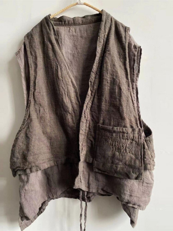 Ženski Proljeće Jesen Lažni 2 komada Prsluci Vanjski prsluk Ženski laneni prsluk Ženski patchwork laneni prsluk