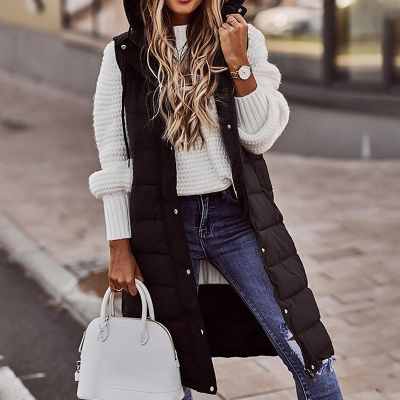 Ženski prsluci Kaput Dugi topli Novi ženski debeli topli pamučni prsluk Jesen Zima Ženska gornja odjeća Ženski prsluk bez rukava s kapuljačom