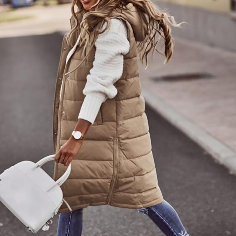 Ženski prsluci Kaput Dugi topli Novi ženski debeli topli pamučni prsluk Jesen Zima Ženska gornja odjeća Ženski prsluk bez rukava s kapuljačom