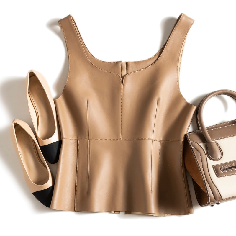 Jērādas veste Sieviešu Sieviešu Vintage Šūšanas Līnija Rāvējslēdzējs O veida kakla Dabīgās Ādas Slings Virsdrēbes Melns Tievēšanas Tops Chaleco Mujer