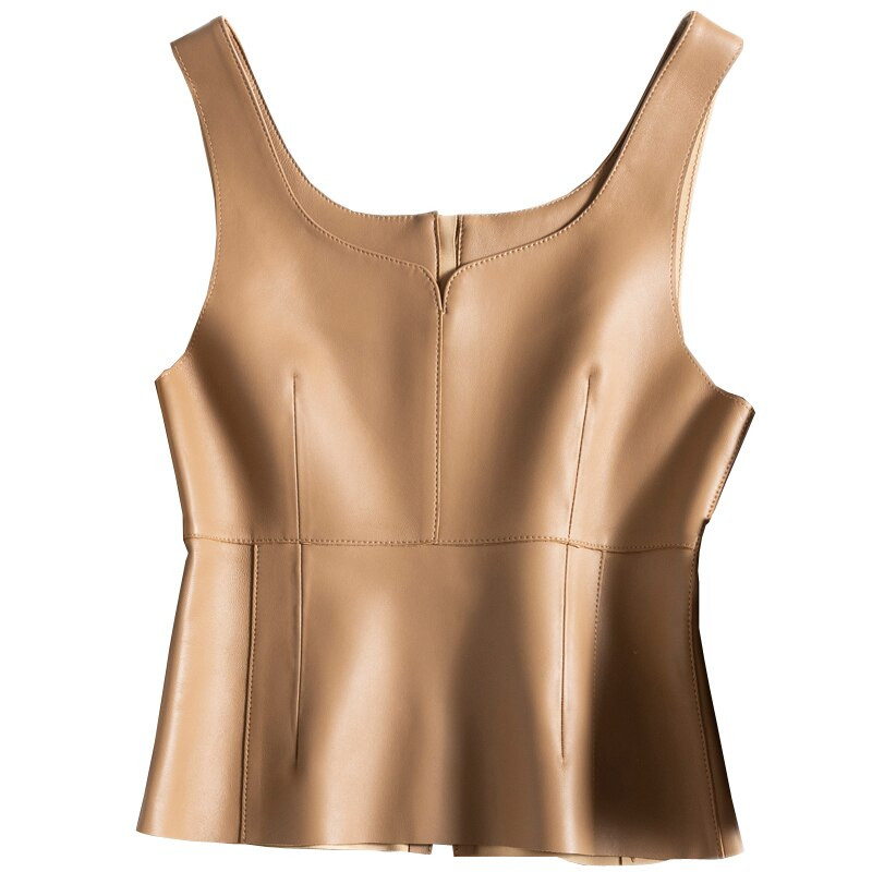 Jērādas veste Sieviešu Sieviešu Vintage Šūšanas Līnija Rāvējslēdzējs O veida kakla Dabīgās Ādas Slings Virsdrēbes Melns Tievēšanas Tops Chaleco Mujer