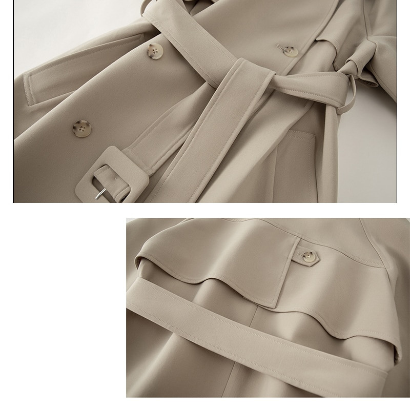 Sieviešu augstākās klases Trench mētelis Khaki pavasara rudens jauns sieviešu apmetnis, jostas satīna odere Sieviešu vējjakas
