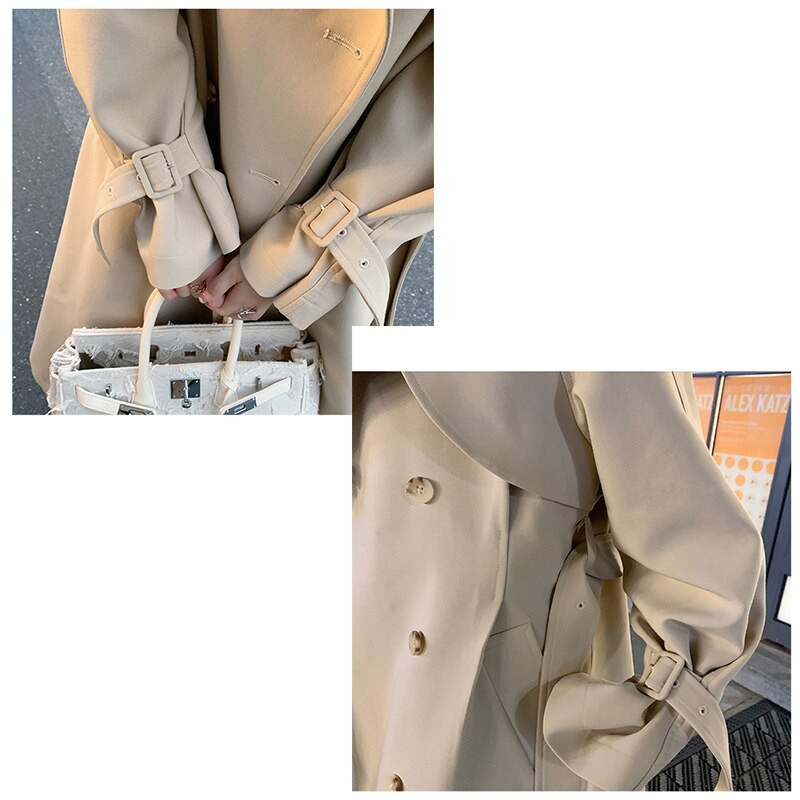 Sieviešu augstākās klases Trench mētelis Khaki pavasara rudens jauns sieviešu apmetnis, jostas satīna odere Sieviešu vējjakas