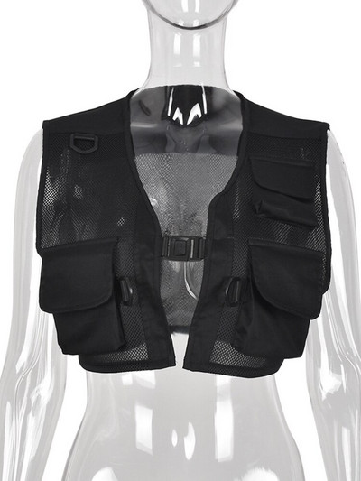 Joskaa Black Crop Majica bez rukava Ženska odjeća Modna kopčanje džepova Prozračne majice Ljeto 2022. Cargo prsluk Seksi ulična odjeća