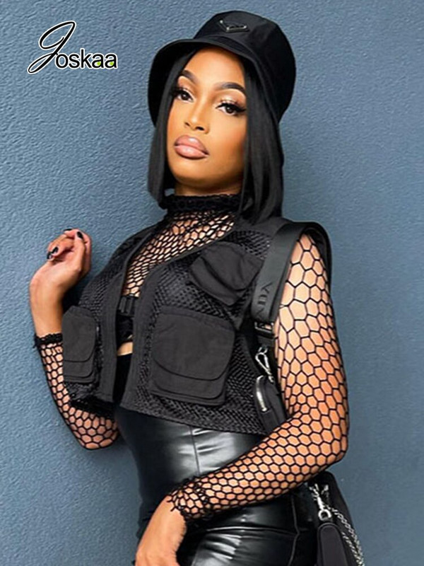 Joskaa Black Crop Majica bez rukava Ženska odjeća Modna kopčanje džepova Prozračne majice Ljeto 2022. Cargo prsluk Seksi ulična odjeća