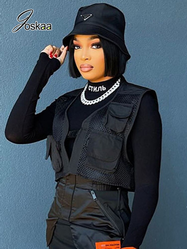 Joskaa Black Crop Majica bez rukava Ženska odjeća Modna kopčanje džepova Prozračne majice Ljeto 2022. Cargo prsluk Seksi ulična odjeća