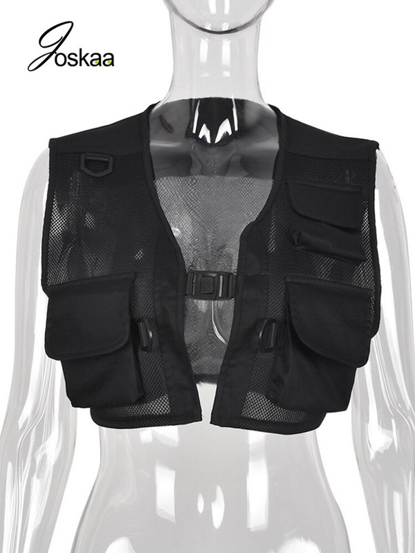 Joskaa Black Crop Majica bez rukava Ženska odjeća Modna kopčanje džepova Prozračne majice Ljeto 2022. Cargo prsluk Seksi ulična odjeća