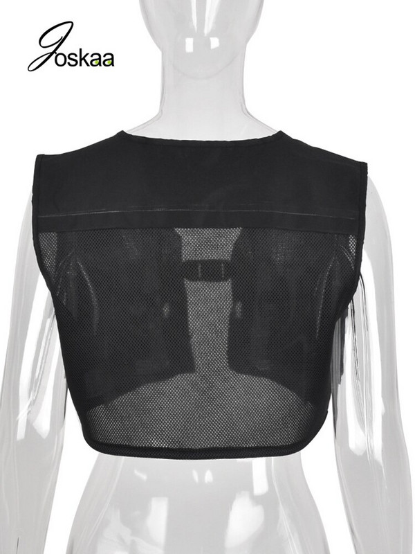 Joskaa Black Crop Majica bez rukava Ženska odjeća Modna kopčanje džepova Prozračne majice Ljeto 2022. Cargo prsluk Seksi ulična odjeća