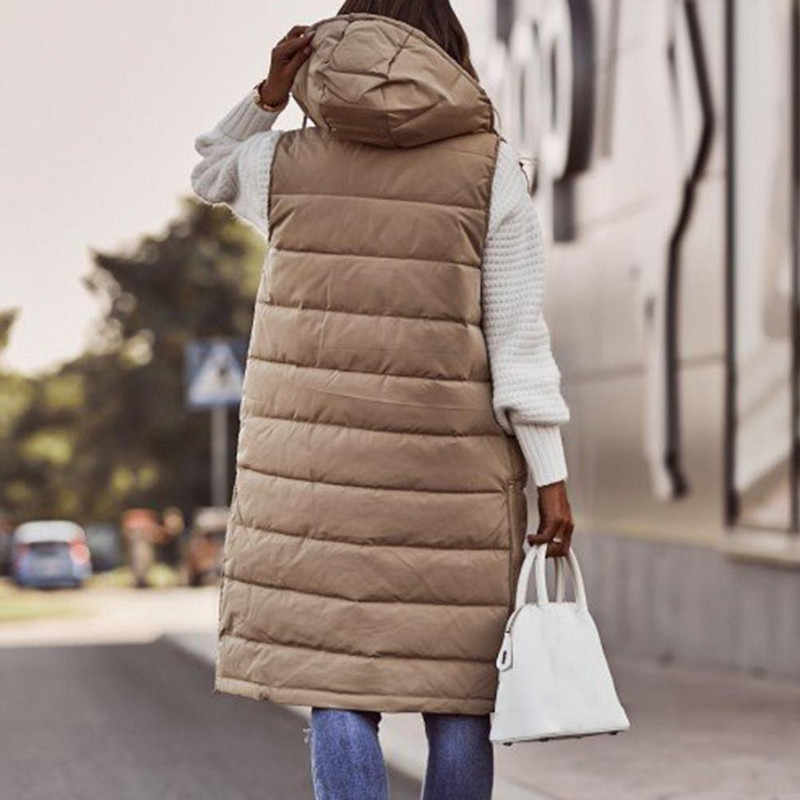 Sieviešu garā veste vienkrāsains ar kapuci rudens ziemas vienrindas kabatas ar aukliņu Virsdrēbju veste āra Sieviešu garā veste