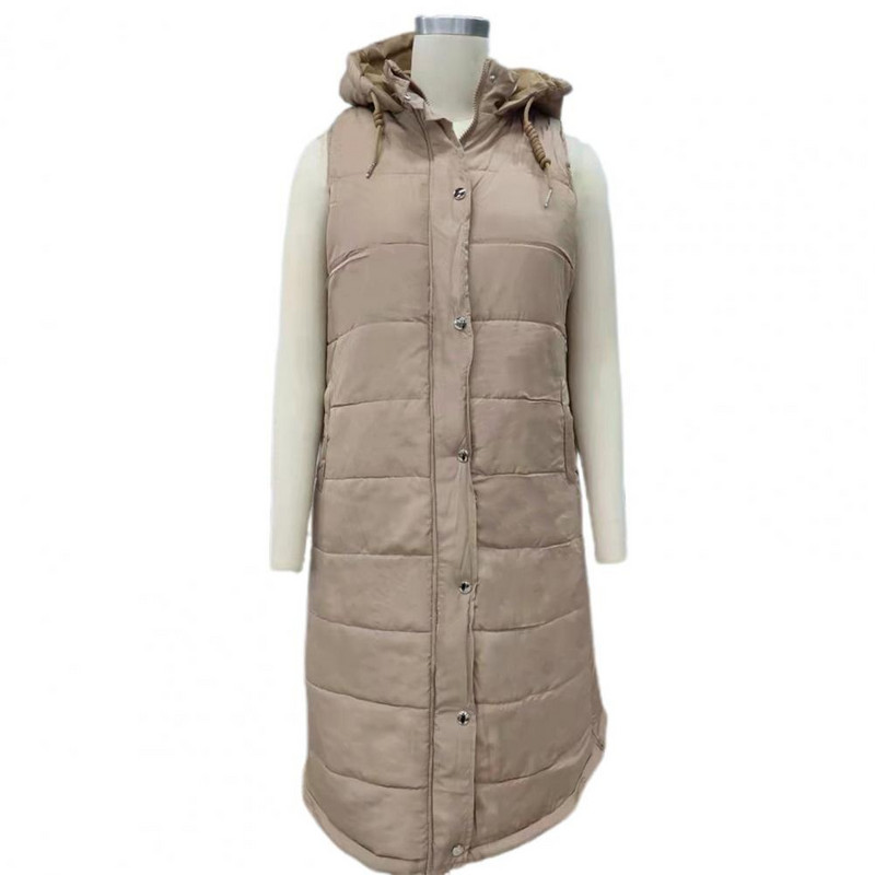 Sieviešu garā veste vienkrāsains ar kapuci rudens ziemas vienrindas kabatas ar aukliņu Virsdrēbju veste āra Sieviešu garā veste