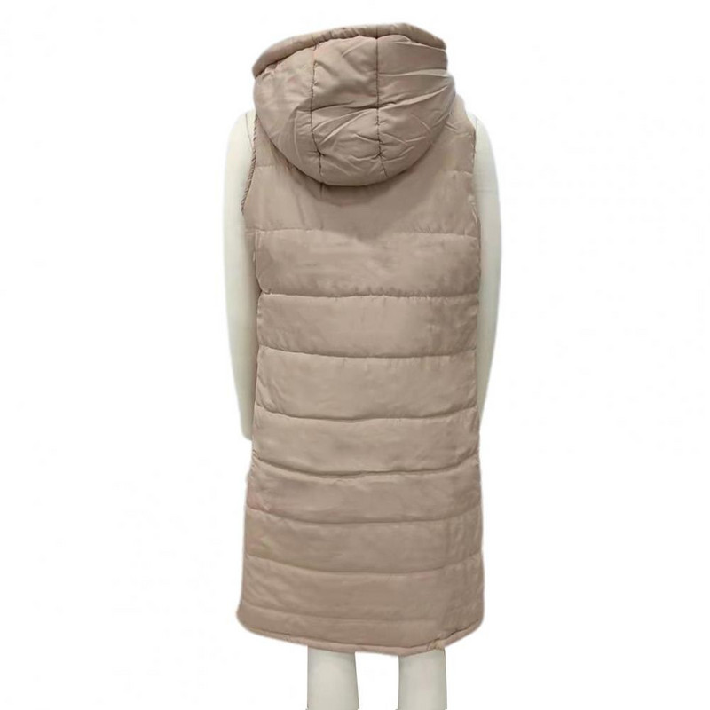 Sieviešu garā veste vienkrāsains ar kapuci rudens ziemas vienrindas kabatas ar aukliņu Virsdrēbju veste āra Sieviešu garā veste