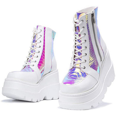 BONJOMARISA 2021 Brand Platform Designer Goth Cool Motorcyle Γυναικείες μπότες Punk Street Zipper Elastic Band Μαύρα γυναικεία παπούτσια