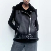 TRAF Ženski crni prsluk bez rukava od umjetne kože, reverzibilni debeli zimski patentni džepovi Ženski topli, elegantni kaput XX8925