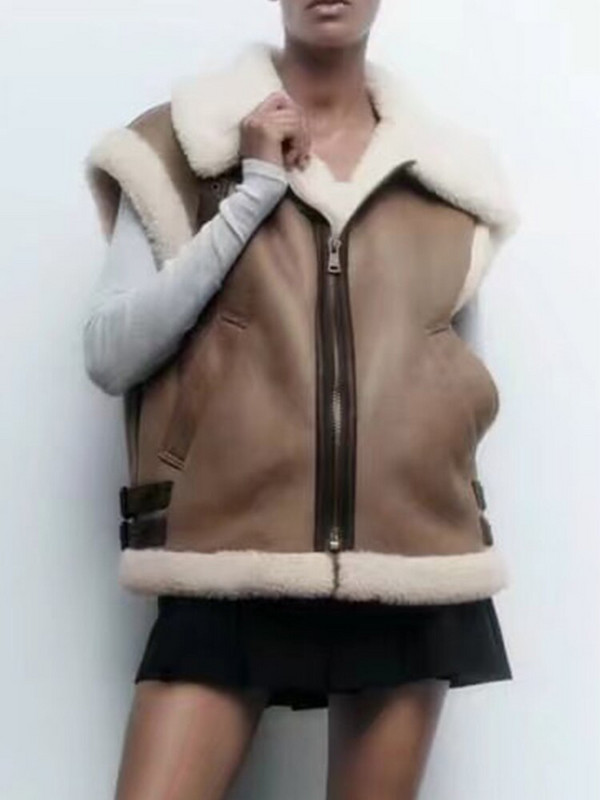 TRAF Ženski crni prsluk bez rukava od umjetne kože, reverzibilni debeli zimski patentni džepovi Ženski topli, elegantni kaput XX8925