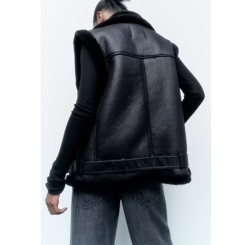 TRAF Ženski crni prsluk bez rukava od umjetne kože, reverzibilni debeli zimski patentni džepovi Ženski topli, elegantni kaput XX8925