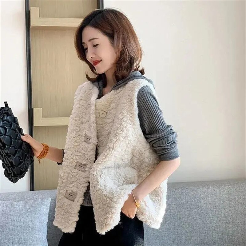 Vestes jakas sievietēm bez piedurknēm jēra vilna Chaleco Mujer rudens ziema 2022 Veste īss mētelis korejiešu modes ikdienišķa Gilet Femme