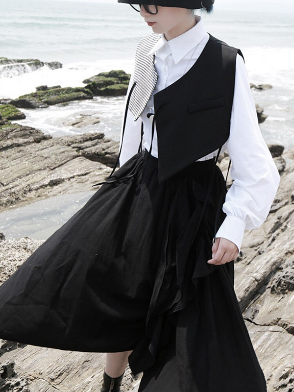 [EAM] Ženska crna karirana podijeljena asimetrična široka vesta s novim V-ovratnikom bez rukava Fashion Tide proljeće jesen 2022. 1H073