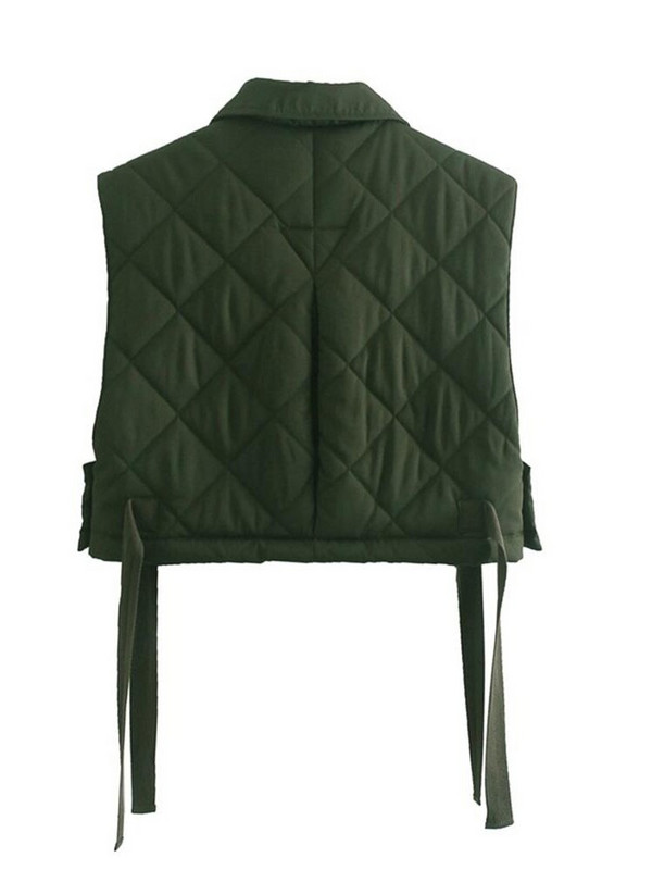 TRAF Žene 2021. Zeleni džepovi, skraćeni prsluci s prošivanjem, modni prsluci s dugmadima sa strane i kravatom, prsluk s otvorenim ovratnikom, ulična odjeća