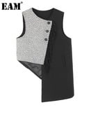 [EAM] Γυναικεία Loose Fit Μαύρο καρό Ακανόνιστο γιλέκο μεγάλου μεγέθους Νέο αμάνικο κολάρο O-mode Tide Άνοιξη Φθινόπωρο 2022 1DF06440