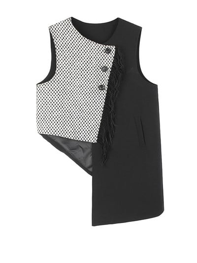 [EAM] Γυναικεία Loose Fit Μαύρο καρό Ακανόνιστο γιλέκο μεγάλου μεγέθους Νέο αμάνικο κολάρο O-mode Tide Άνοιξη Φθινόπωρο 2022 1DF06440