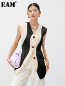 [EAM] Sieviešu brīvi pieguļoši melna krāsa bloka neregulāra ikdienas veste Jauna V veida apkakle bez piedurknēm modes plūdmaiņas Pavasara rudens 2022 1DF0108