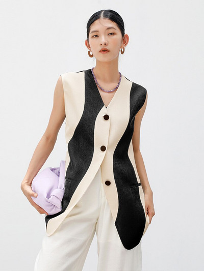 [EAM] Sieviešu brīvi pieguļoši melna krāsa bloka neregulāra ikdienas veste Jauna V veida apkakle bez piedurknēm modes plūdmaiņas Pavasara rudens 2022 1DF0108