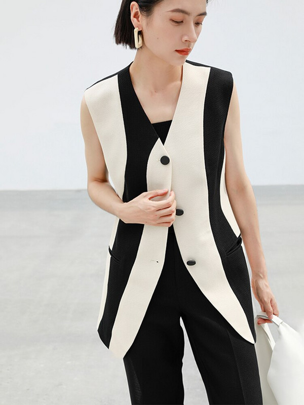 [EAM] Sieviešu brīvi pieguļoši melna krāsa bloka neregulāra ikdienas veste Jauna V veida apkakle bez piedurknēm modes plūdmaiņas Pavasara rudens 2022 1DF0108