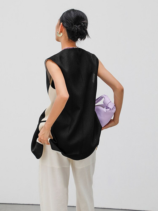 [EAM] Sieviešu brīvi pieguļoši melna krāsa bloka neregulāra ikdienas veste Jauna V veida apkakle bez piedurknēm modes plūdmaiņas Pavasara rudens 2022 1DF0108