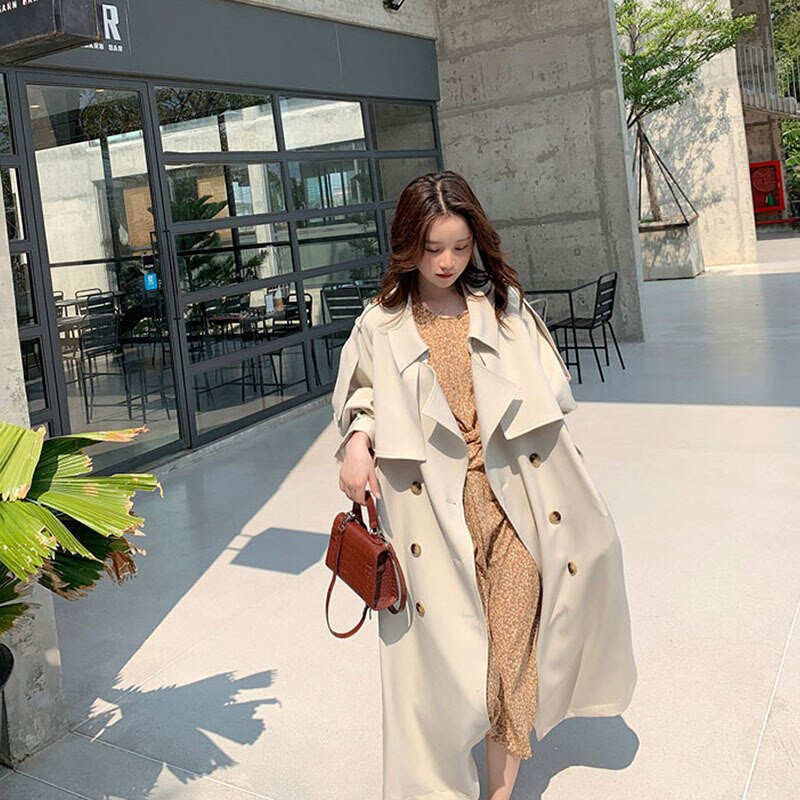 Augstas kvalitātes jostas vidēja garuma smilškrāsas Trench Jaka Sieviešu Ikdienas Retro Plats Atloks Garām Piedurknēm Vējjaka Sieviešu Rudens Jaunums