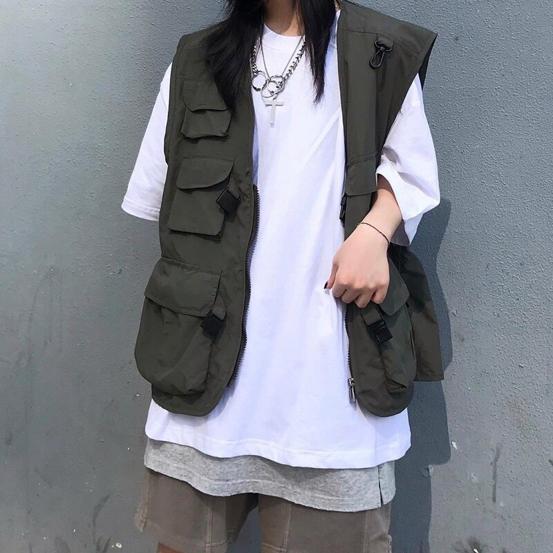 Prsluci Žene M-5XL Fakulteti Ulična jednobojna gornja odjeća Široka kargo uniseks jakne bez rukava BF V-izrez Harajuku dizajn džepova