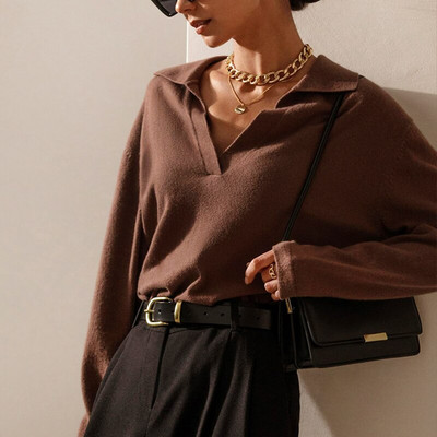 2022. gada sieviešu ziemas polo apkakles džemperis ar V kakla izgriezumu, retro stila džemperi, lielizmēra, brūns, brīvs, mīksts zaļš silts džemperis sievietēm