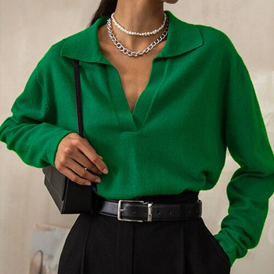 2022. gada sieviešu ziemas polo apkakles džemperis ar V kakla izgriezumu, retro stila džemperi, lielizmēra, brūns, brīvs, mīksts zaļš silts džemperis sievietēm