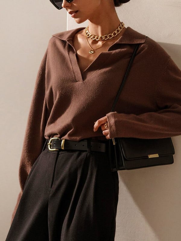 2022. gada sieviešu ziemas polo apkakles džemperis ar V kakla izgriezumu, retro stila džemperi, lielizmēra, brūns, brīvs, mīksts zaļš silts džemperis sievietēm