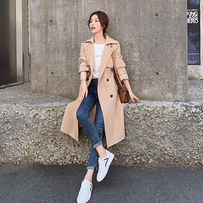 Rudens korejiešu sieviešu, sarkans, ar jostu piesegts Trench mētelis, elegants divrindu atloks ar garām piedurknēm, vidēja garuma vējjaka sievietēm, 2022