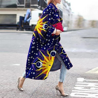 Rudens retro krāsu bloku apdrukas sieviešu garais mētelis 2020. gada modes garām piedurknēm laternas jakas Modes dāmu elegantas vējjakas