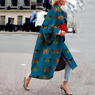 Rudens retro krāsu bloku apdrukas sieviešu garais mētelis 2020. gada modes garām piedurknēm laternas jakas Modes dāmu elegantas vējjakas